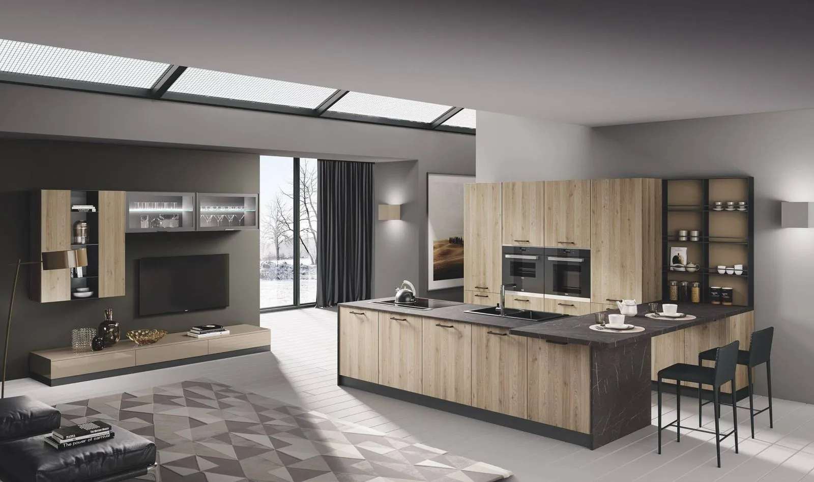 Zona giorno con cucina e soggiorno integrati