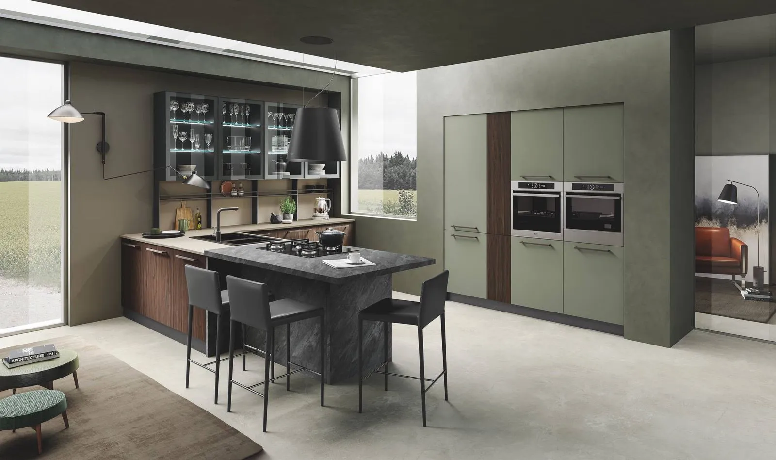 Cucina moderna in legno e verde salvia